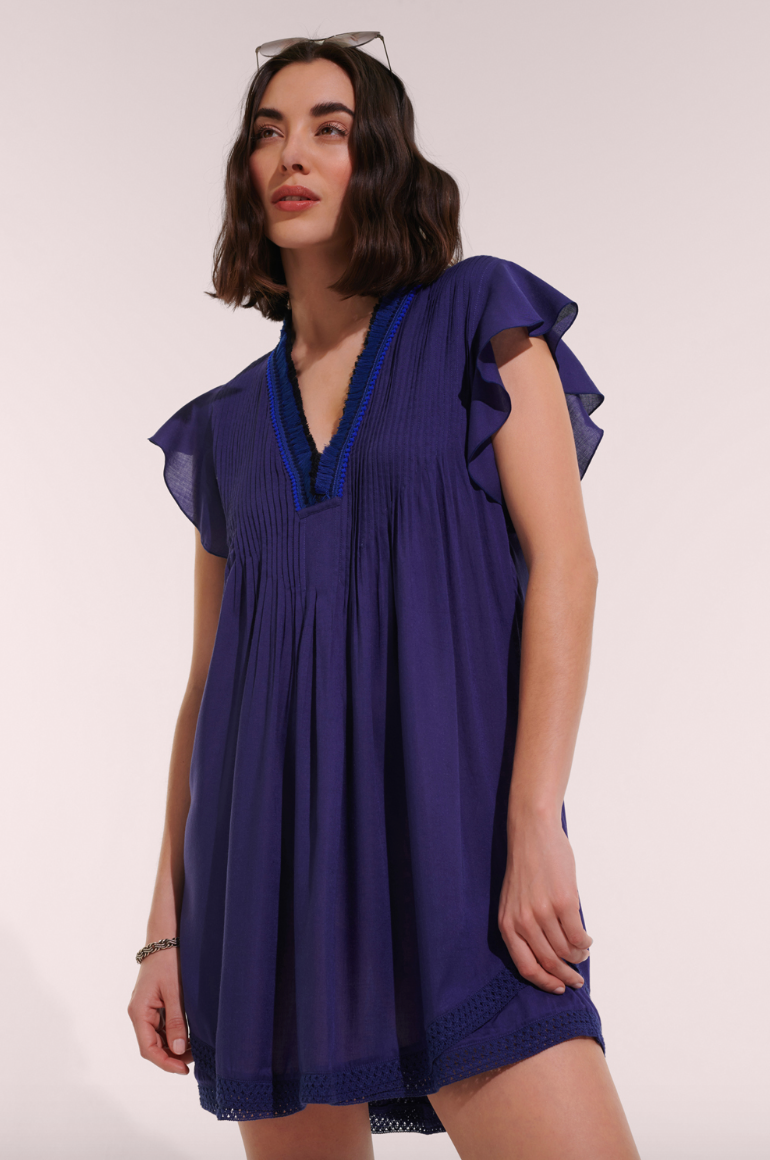 chinese dress ladies Poupette St Barths Mini Dress Sasha Lace Trimmed Blue COROLLE main image 1