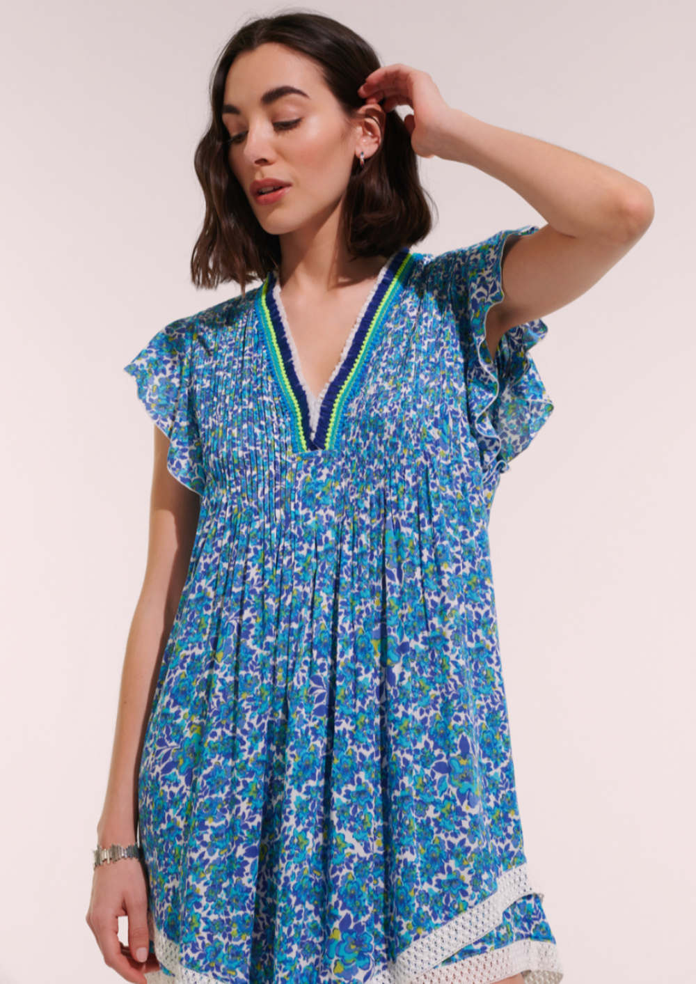 Poupette St Barths Mini Dress Sasha Lace Trimmed |Blue Net
