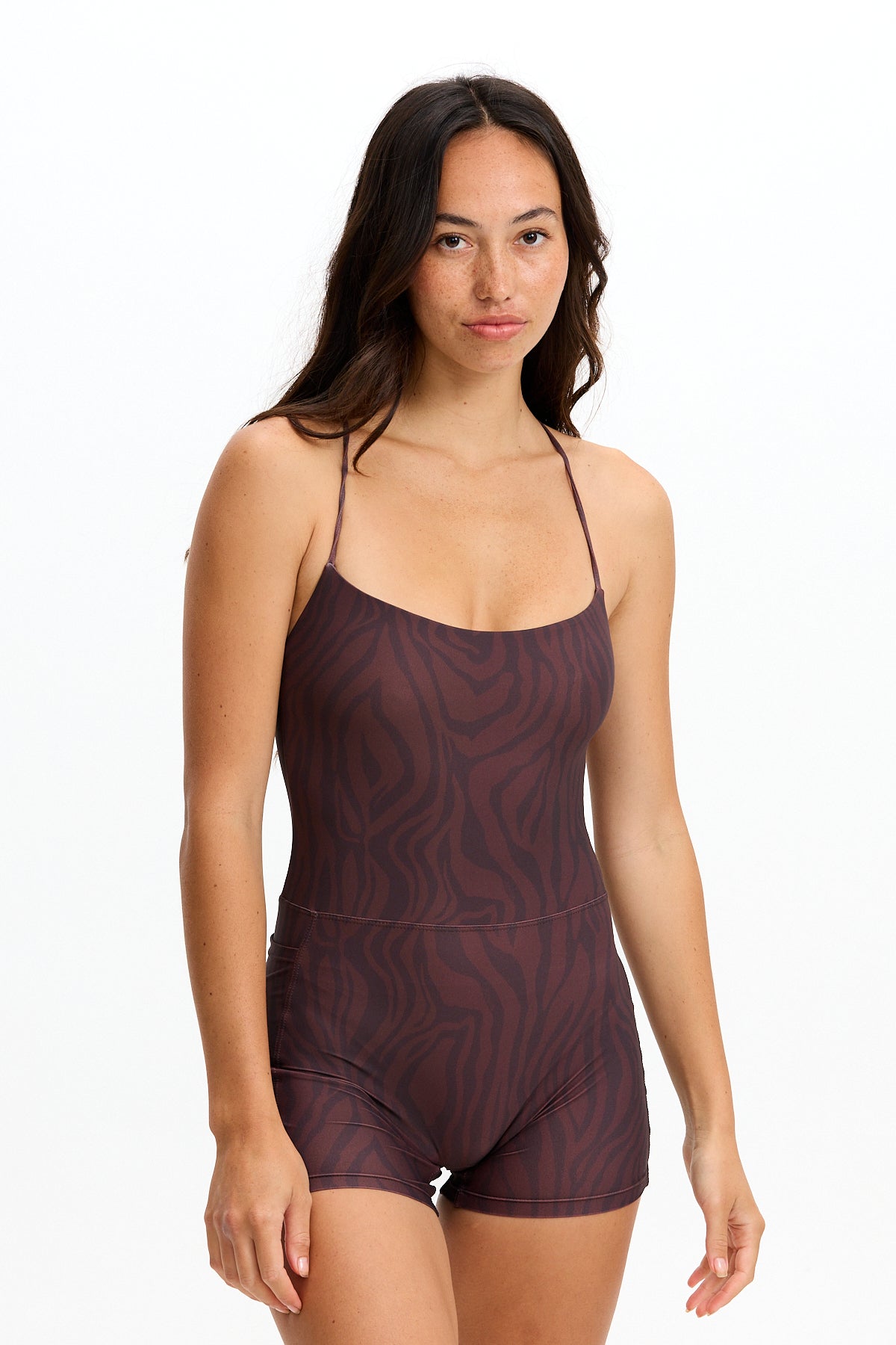 Benoa Swim | Cross Back Romper 3" - Chocolate Zebra