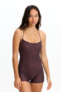 Benoa Swim | Cross Back Romper 3" - Chocolate Zebra