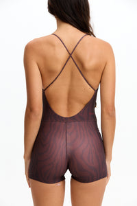 Benoa Swim | Cross Back Romper 3" - Chocolate Zebra
